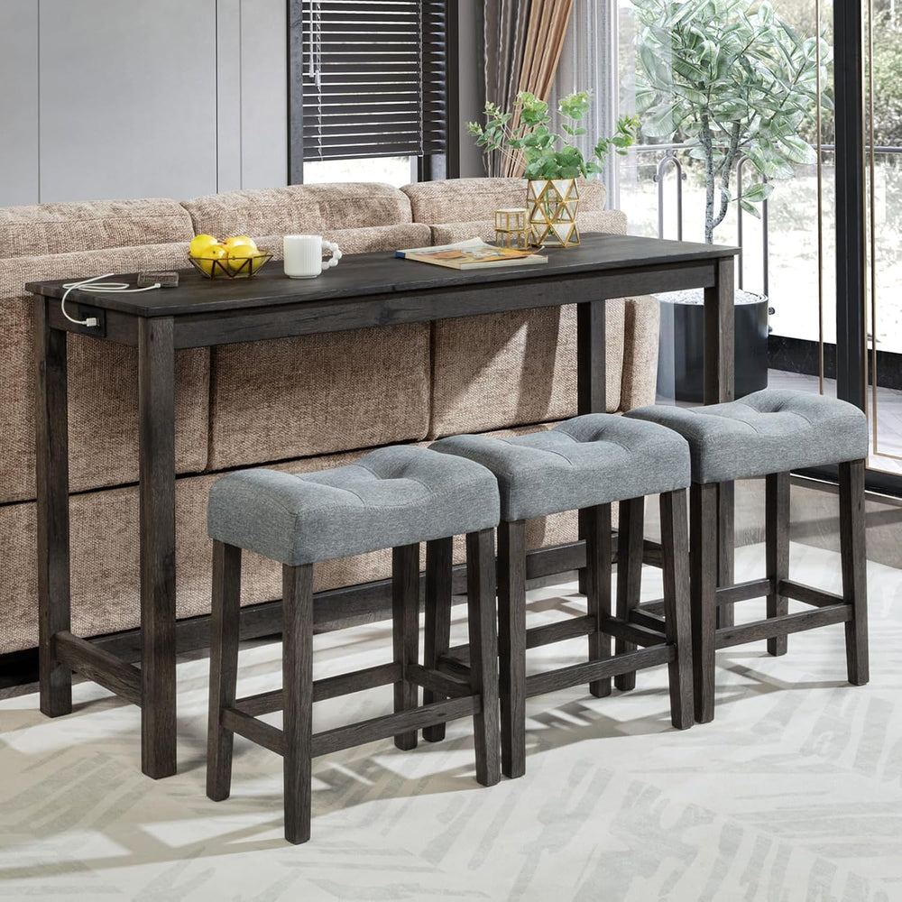 59" Counter Height Bar Table Set with Power Outlet, Industrial Breakfast...