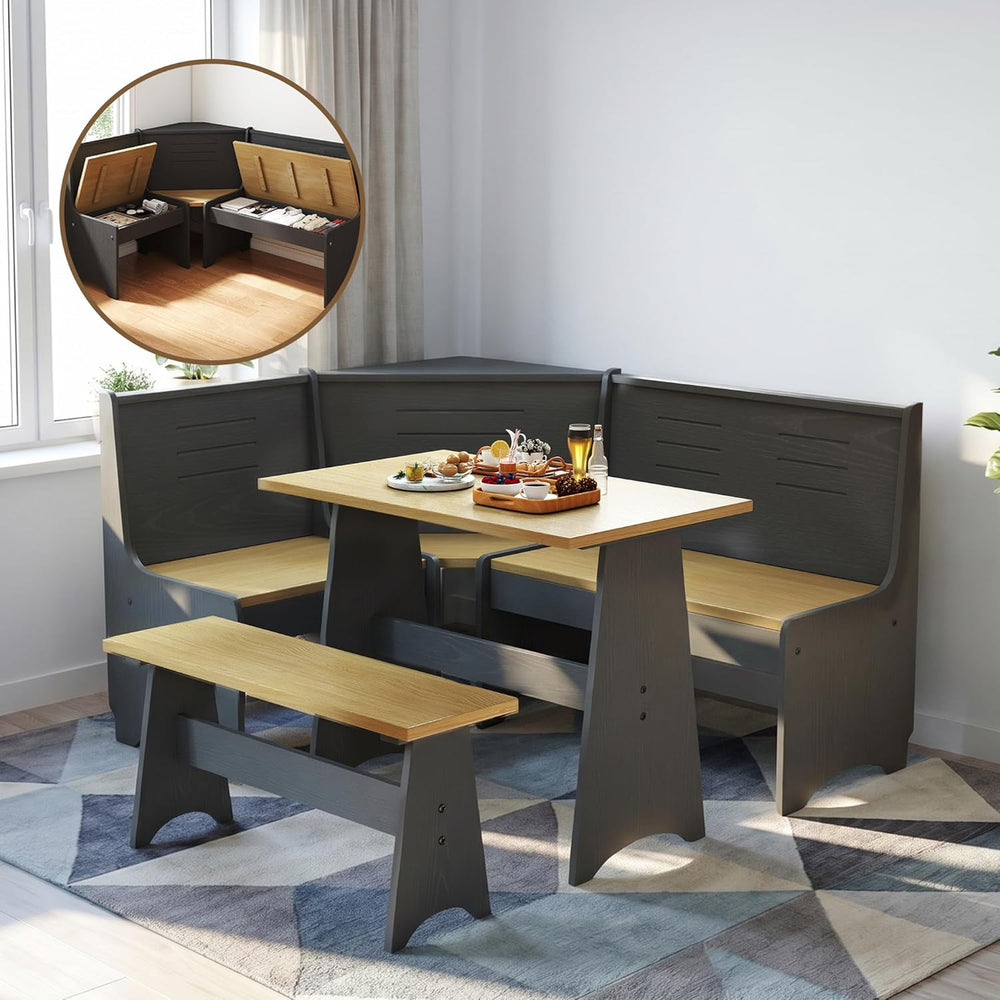 ENOR 3-5 People Breakfast Nook Set, L-Shaped Corner Dining Table with Bench, ...
