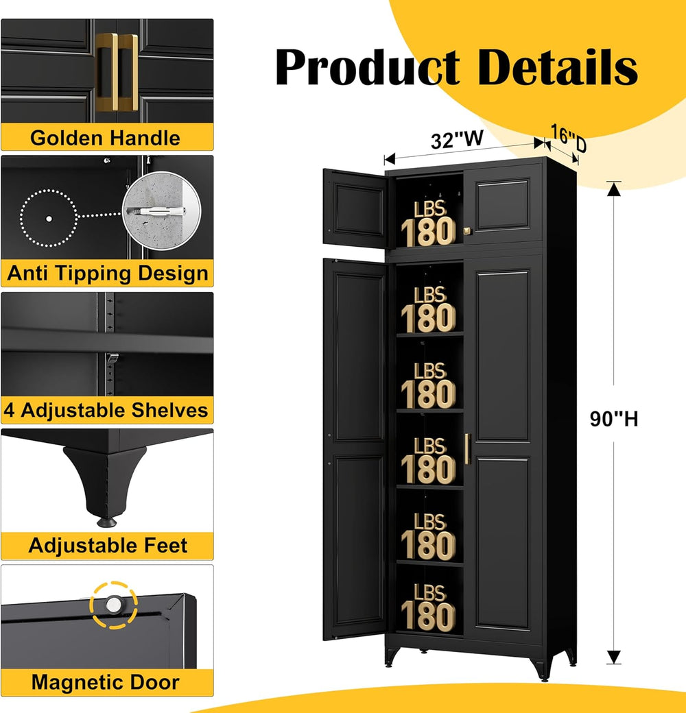 SteeLoong 90”Metal Pantry Storage Cabinet with Doors & 4 Adjustable Shelv...