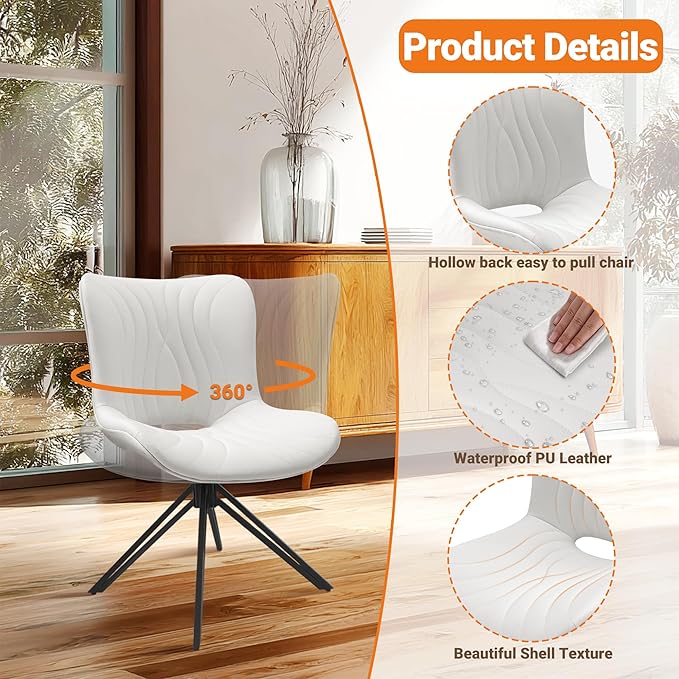 Dining Chairs Set of 4, 360° Swivel Armless Faux Leather Accent Chairs with P...