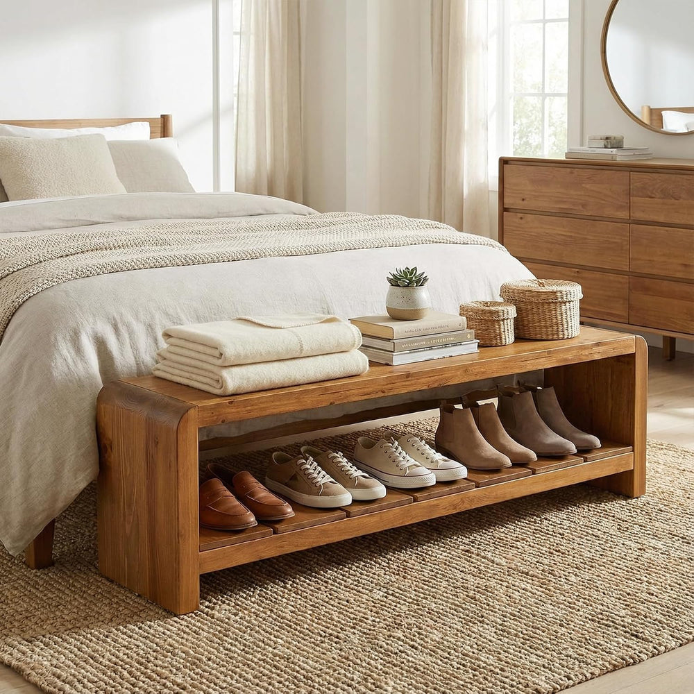 Solid Wood Entryway Bench with Shoe Storage, 59.06-Inch Long Shoe Bench with ...