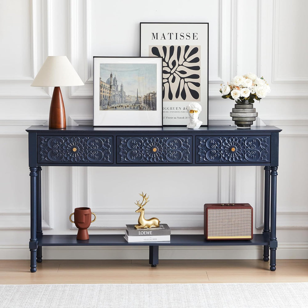 weselon 55.5" Carved Console Table with 3 Drawers, 2-Tier Sofa Table wit...