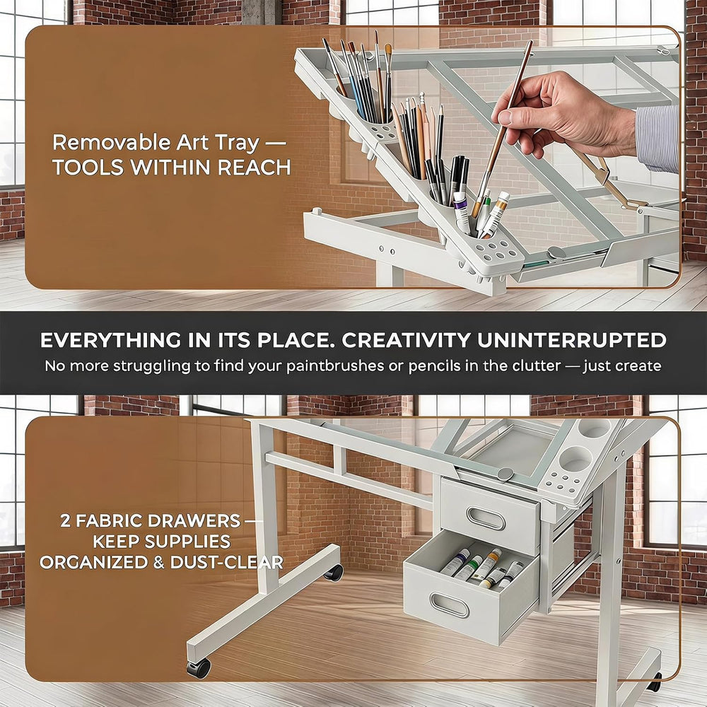 Adjustable Drawing Table for Adults, 0-70° Tilt Glass Top Artist Desk with 2 ...