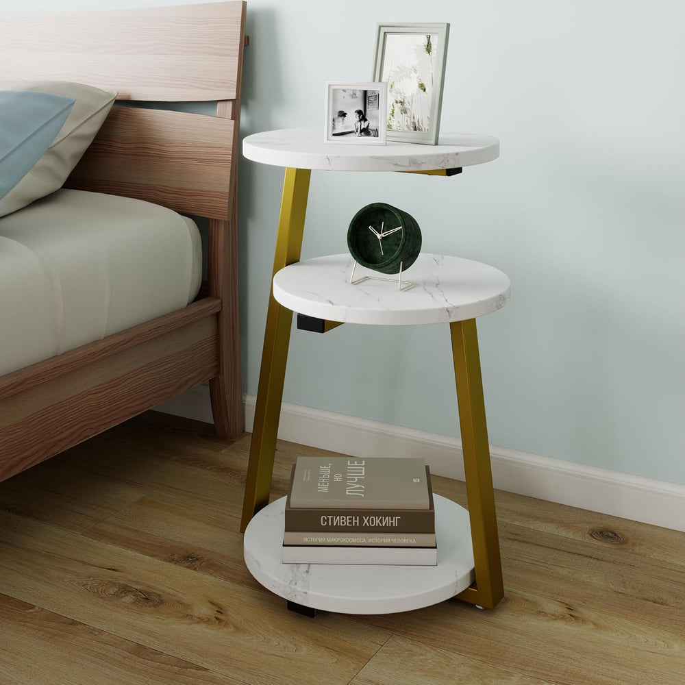 3-Tier Round Side Table, Faux Marble Top Side Table with Sturdy Metal Frame, ...