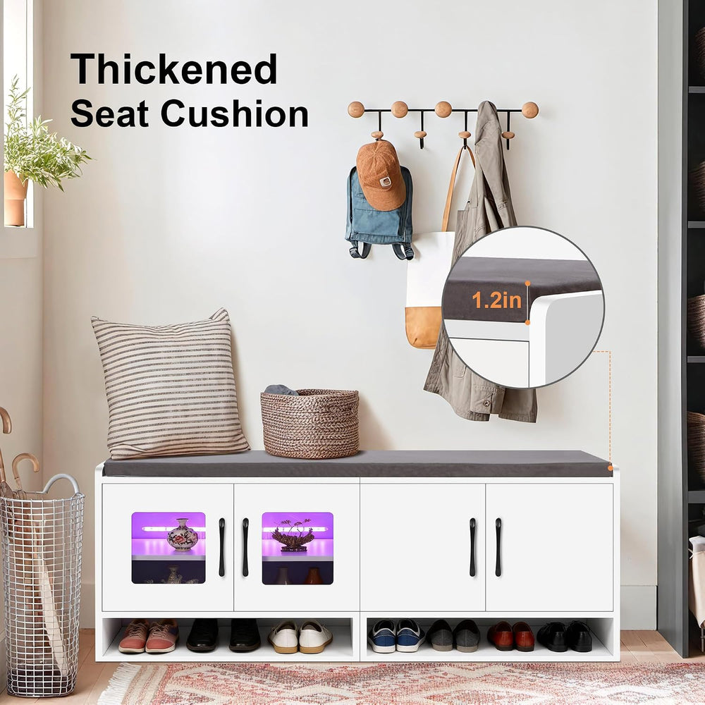 Shoe Bench with Thickened Cushion,Entrance Bench with Glass Door and Ambient ...