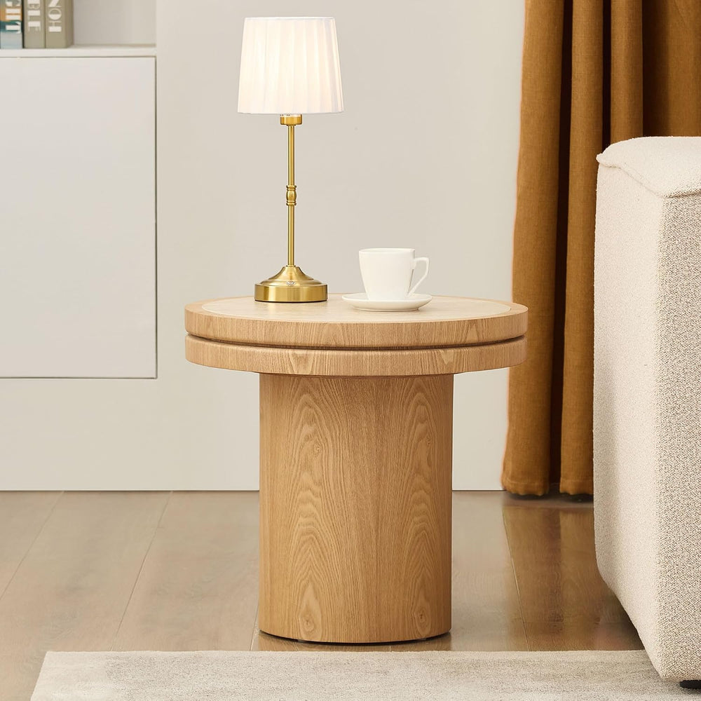 Round End Table Modern Side Table with Sintered Stone Top & Natural Wood ...