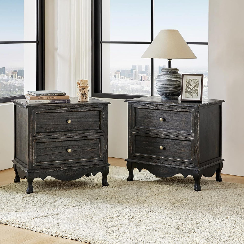 HULALA HOME Solid Wood End Tables Set of 2 with Charging Station Space, Vinta...