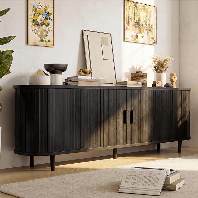 65" Mid Century Modern TV Stand, Wood TV Consoles with Sliding Doors and...