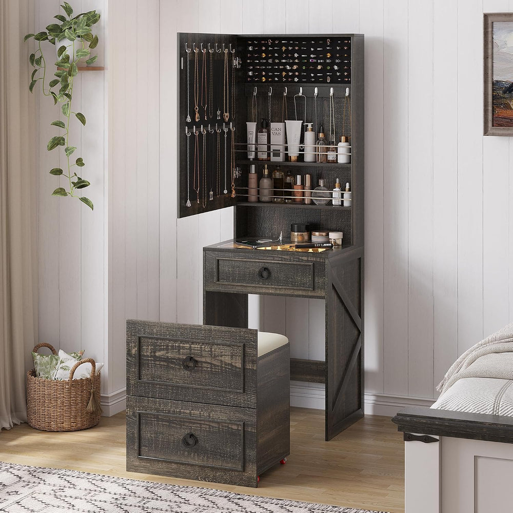 Glass Top Vanity Desk with Mirror and Lights for Bedroom,Brown | Compact Make...