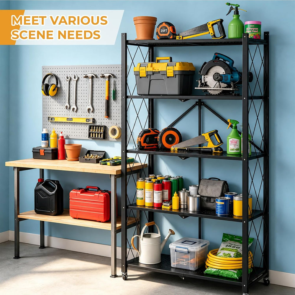 5 Tier Foldable Storage Shelf with Wheels, Heavy Duty Metal Rolling Shelf Rac...