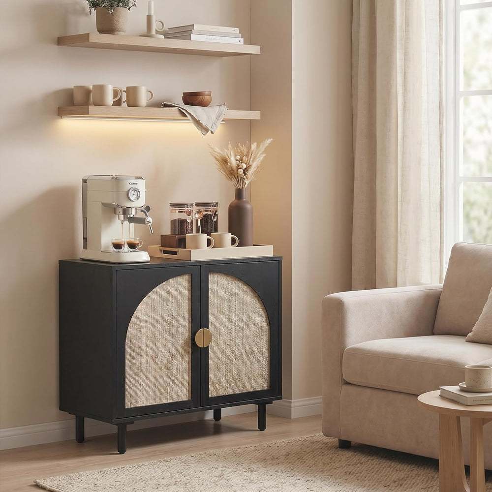 Modern Rattan Storage Sideboard Cabinet, Black Wood Buffet with Magnetic Latc...