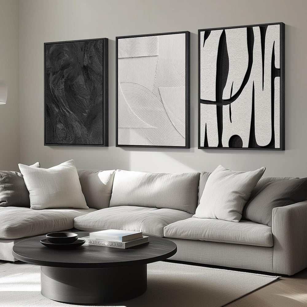 Framed Black and White Abstract Wall Art for Living Room, 3 Piece 24x36 In