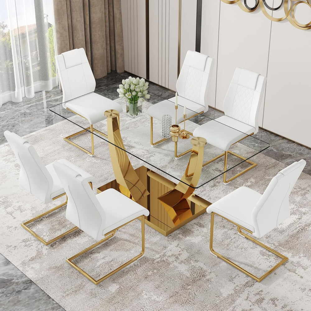 Glass Dining Table Set for 6, Modern Kitchen Table Set for 6, 71" Temper...