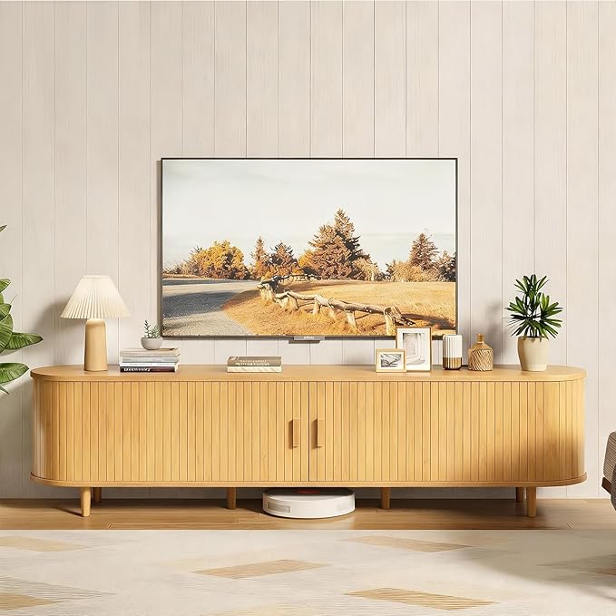 70" Mid Century Modern TV Stand, Wood TV Consoles with Sliding Doors and...