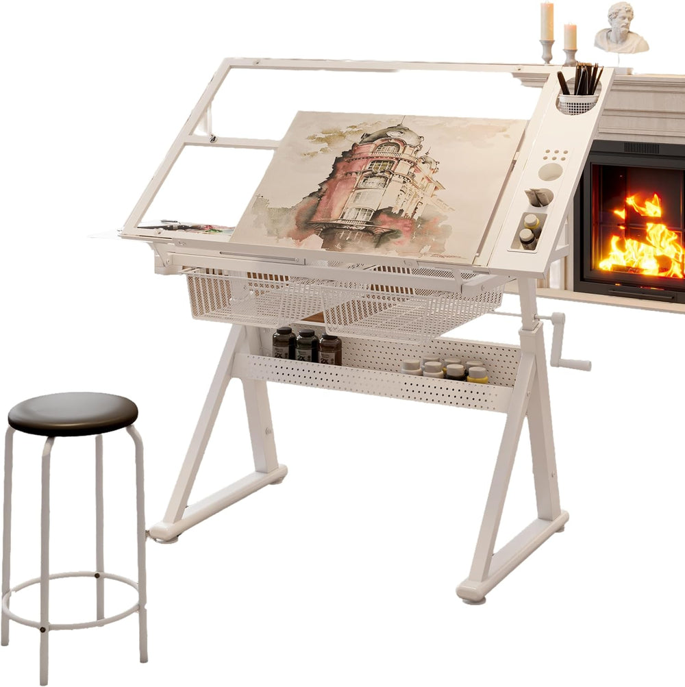 White Hand Crank Adjustable Tempered Glass Drafting Table with Chair and Stor...