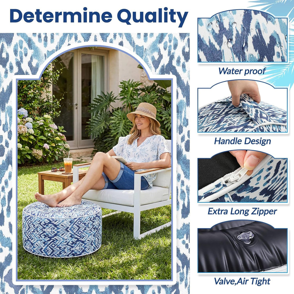 Cinnvoice 2 Pcs Inflatable Outdoor Ottoman Pouf Waterproof Round Footrest wit...