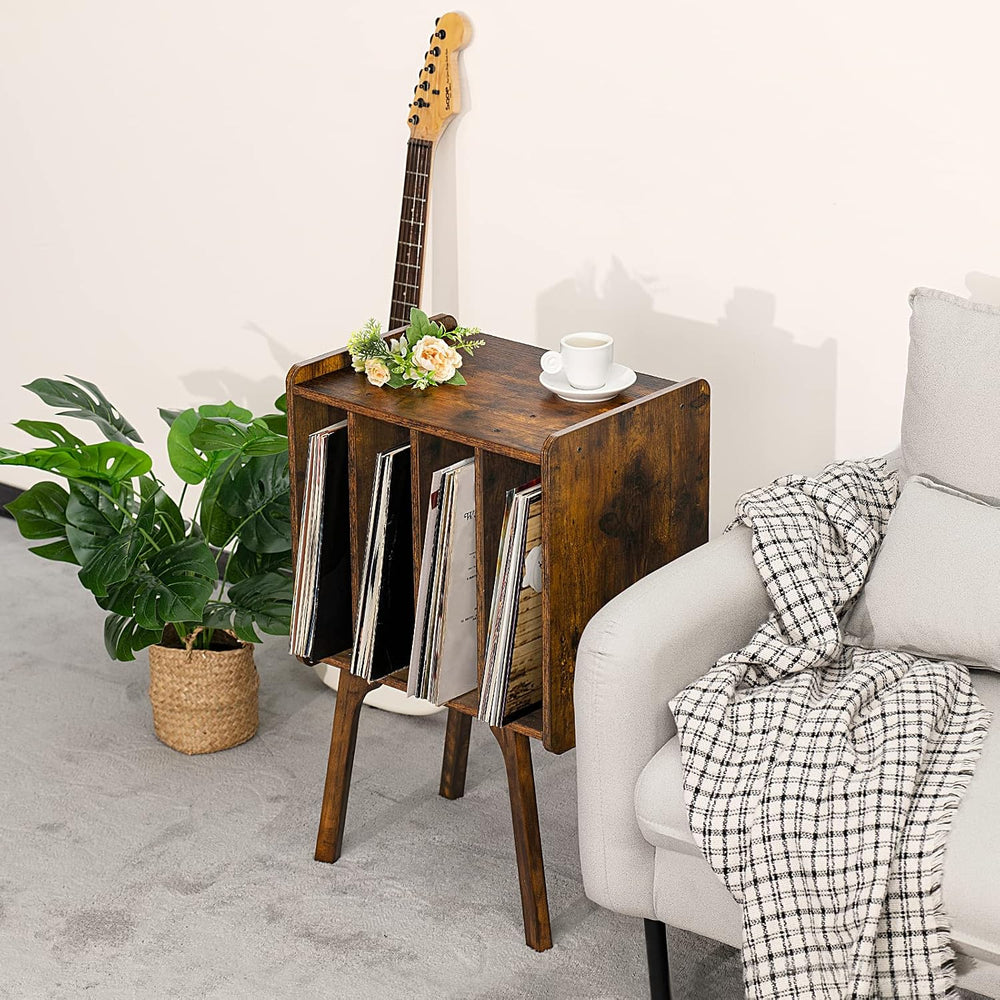 LELELINKY Small Record Player Stand, 4 Cabinet Vinyl Storage Table, Brown | W...