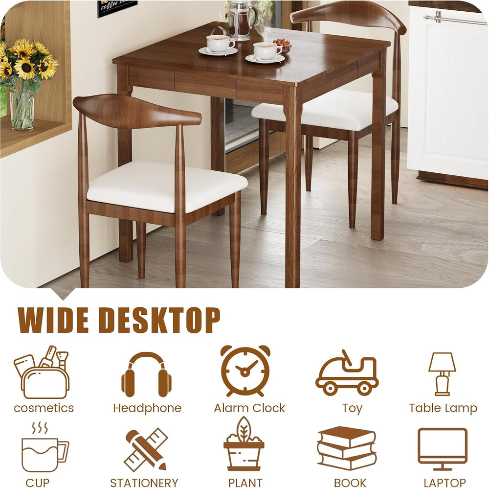 Solid Wood Desk with Drawers - 29.5” Square Dining Table, Mid Century Modern ...