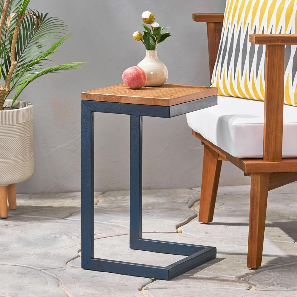 C-Shaped Side Table with Natural Wood Top and Metal Frame, Rectangular, for L...