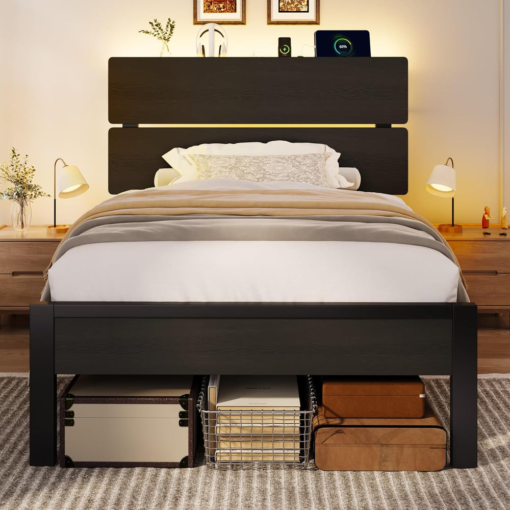 SHA CERLIN Twin Size Bed Frame, Led Light, Charging Station, Storage Shelf
