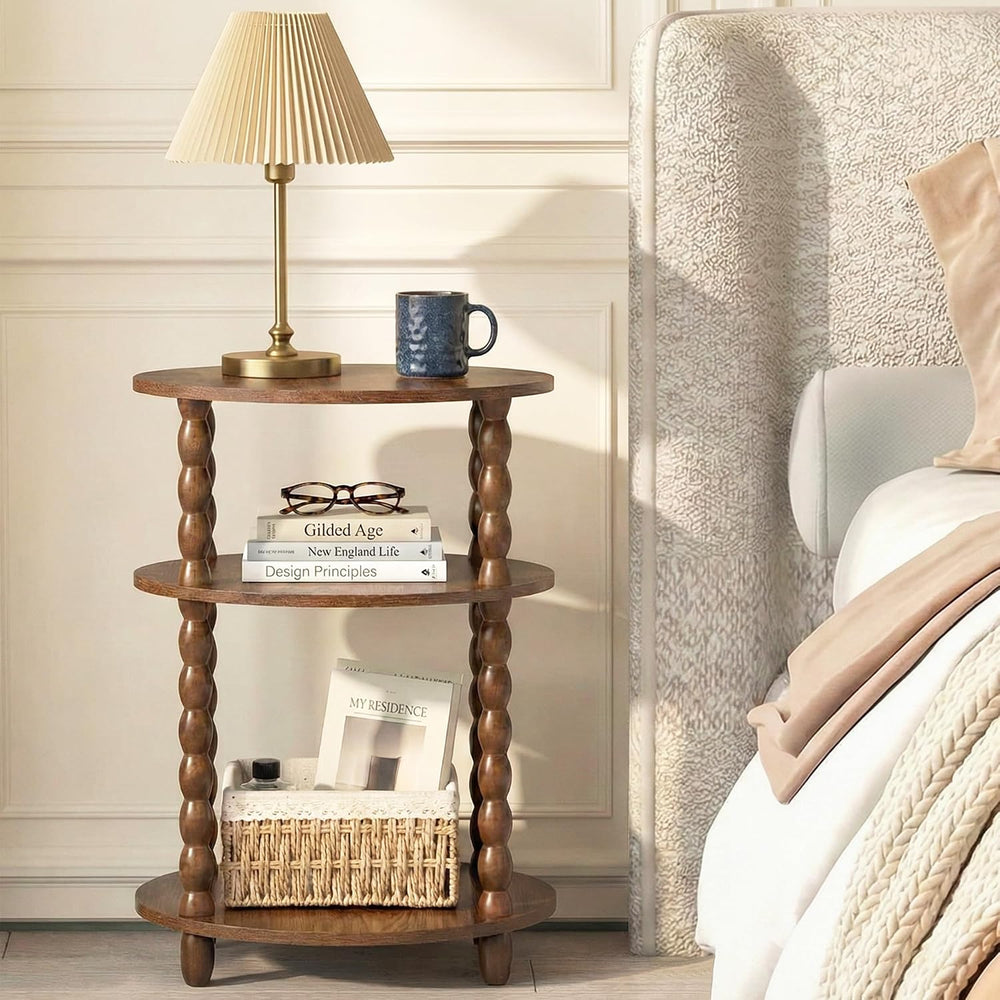 3-Tier Oval Side Table with Solid Wood Legs, Small End Table with Storage She...