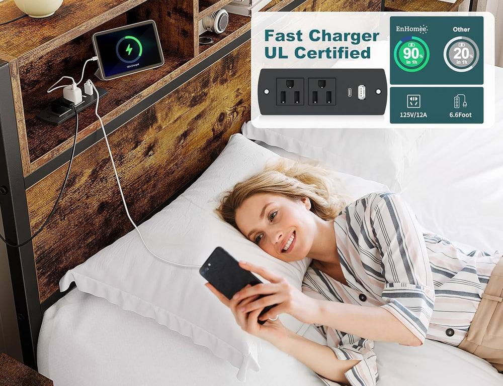 EnHomee King Bed Frame with 6 Storage Drawers, Charge Station,Noise-Free