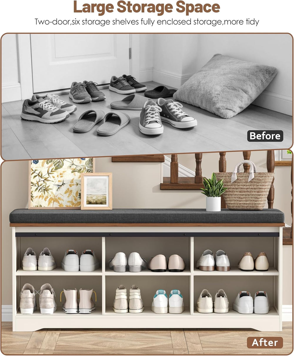Farmhouse Storage Bench with Cushion, 47.2" Shoe Bench with Slide Barn D...