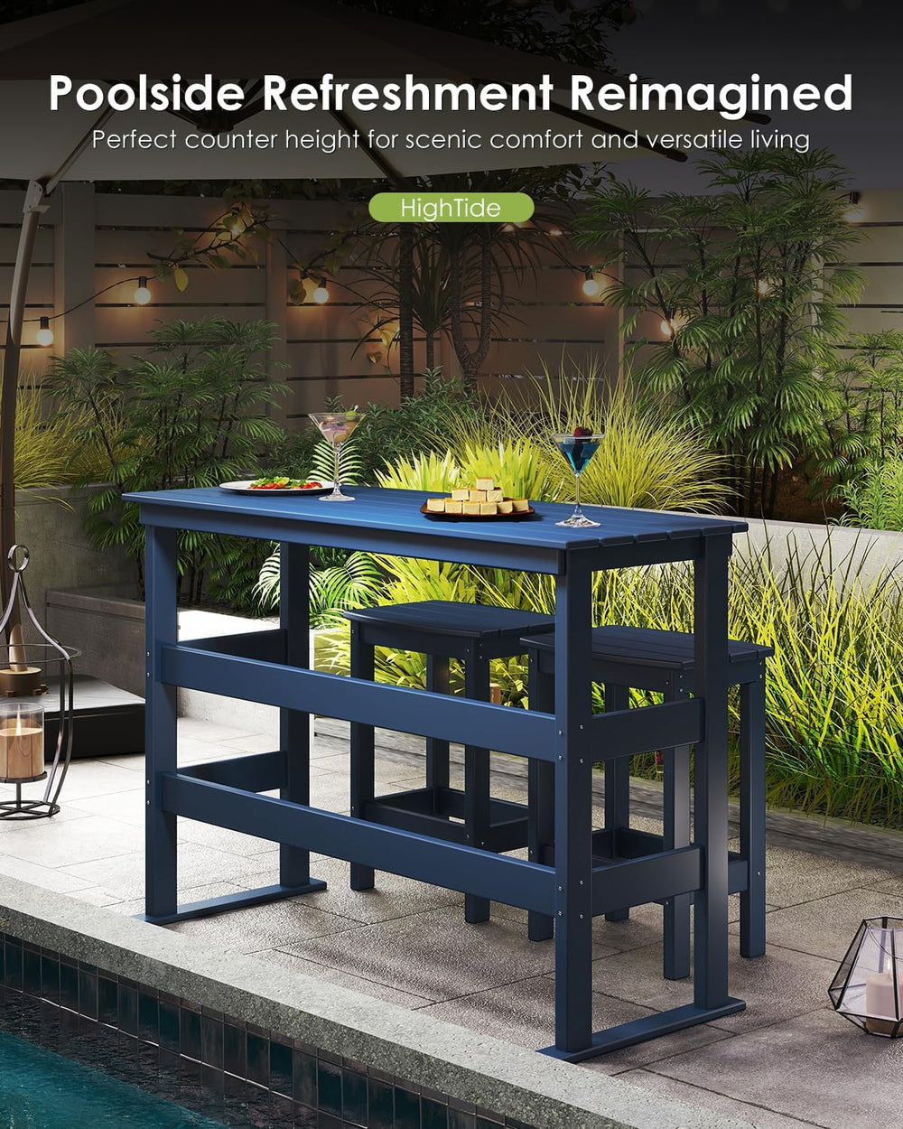GREENVINES Outdoor Bar Set, HDPE, 3-Piece Patio Bar Table & Stools, Blue