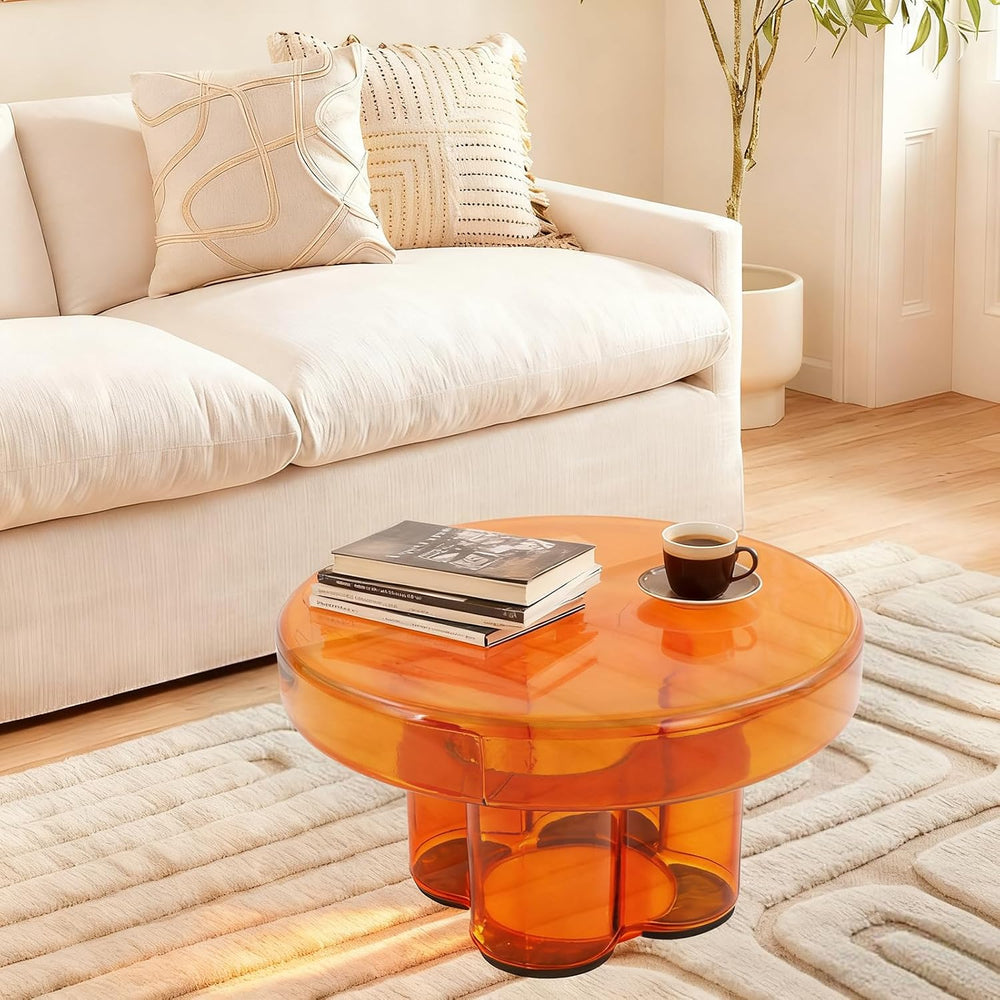 Coffee Table, Round Glass Side Table with Unique Petal Design Pedestal, Simpl...