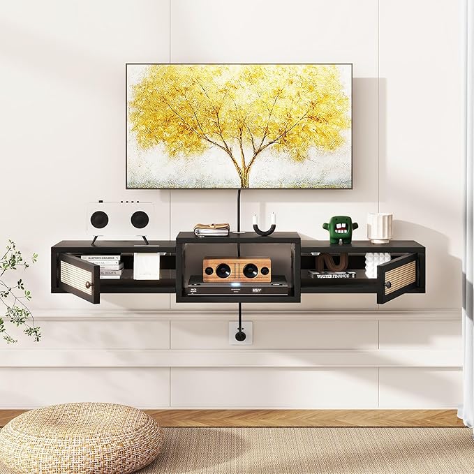 IBUYKE Modern Rattan Floating TV Stand with Doors,Wall Mounted TV Shelf for T...