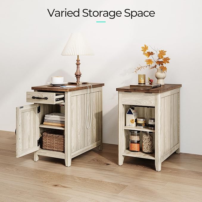 LINSY HOME Farmhouse End Table with Charging Station, Narrow Side Table for L...
