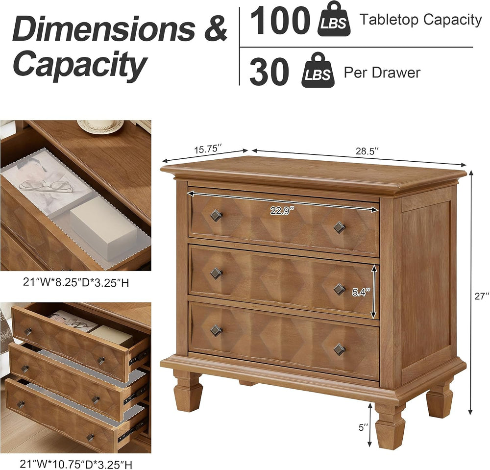 Traditional Geometric Textured Nightstand, 3 Drawer Solid Wood Bedside Table ...