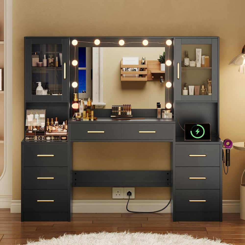 Makeup Vanity Desk with Mirror and Lights, 58.3" Makeup Vanity with Ligh...