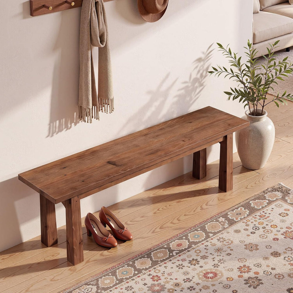 TRIBEWOOD 55 Inch Solid Wood Dining Bench, Entryway Bench, Rustic Brown | Sol...