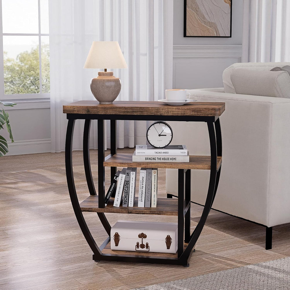 4-Tier End Table with Storage, Narrow Side Table for Living Room, Wood Sofa S...