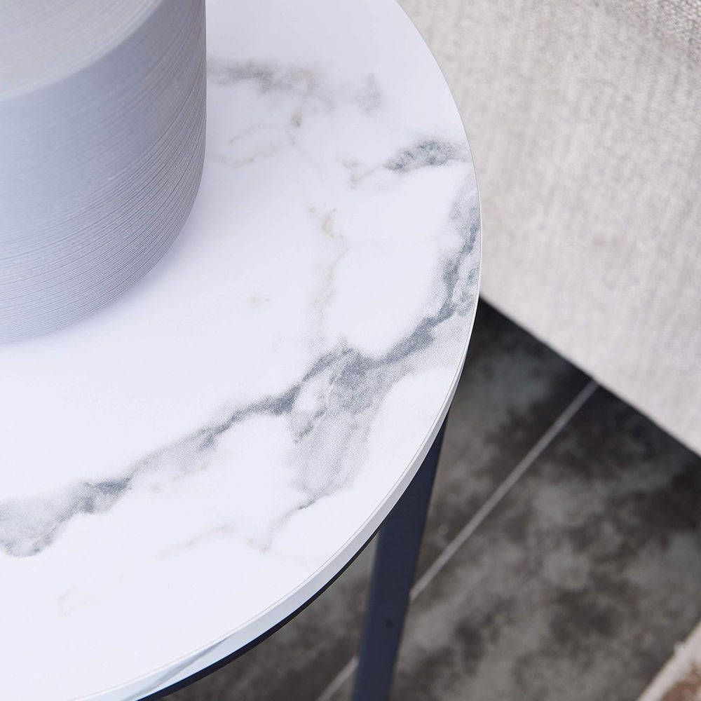 Modern Side Table with Faux Marble MDF Top, Black Metal X-Base, Compact End T...
