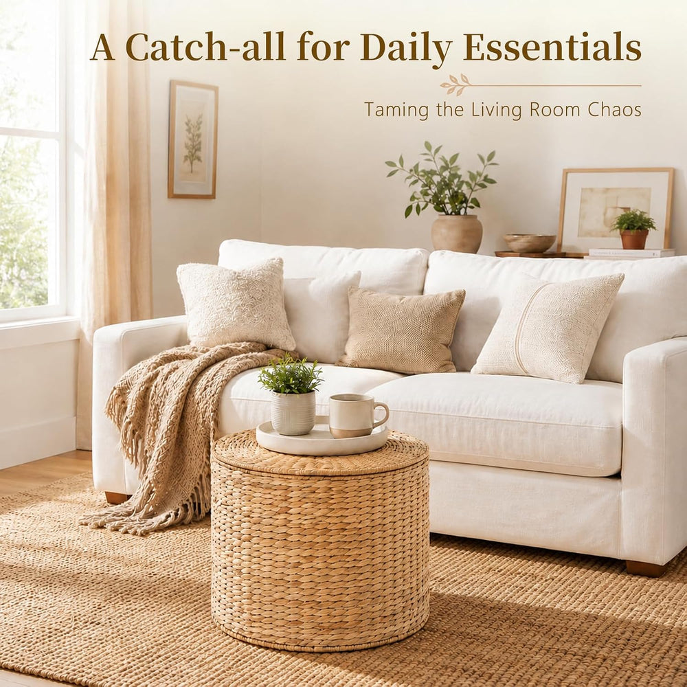 Round Water Hyacinth Storage Ottoman with Lid | Handwoven Water Hyacinth Foot...