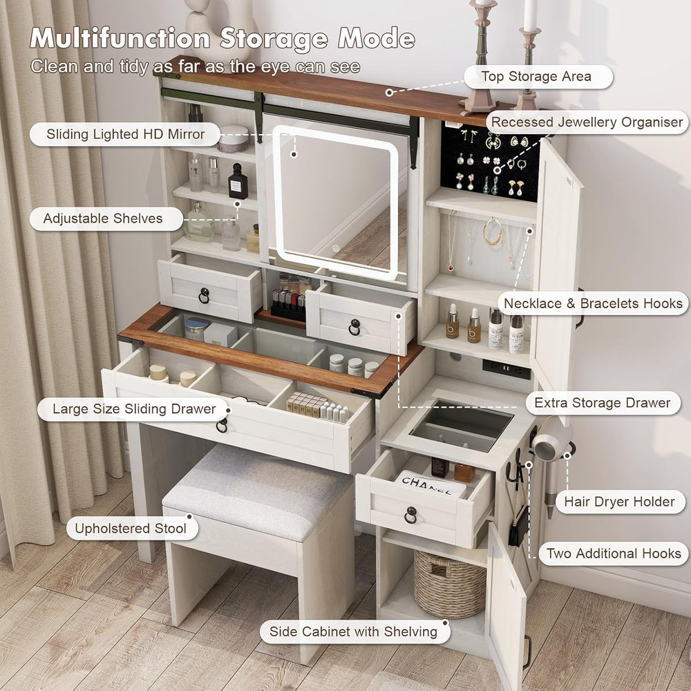 Farmhouse Makeup Vanity Desk with Sliding Mirror and Lights, 42 Wood Vanity T...