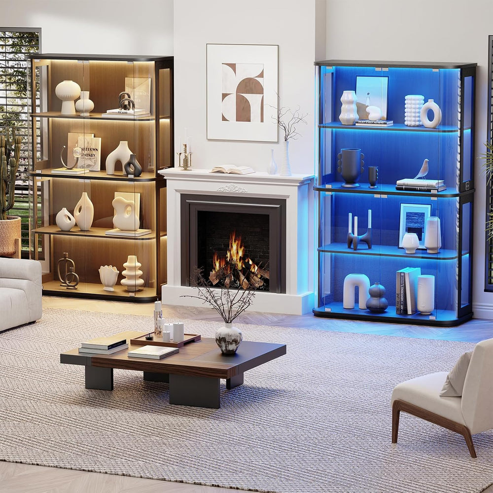 BROTTAR Large Rounded Display Cabinet with Glass Door & Lights, Black