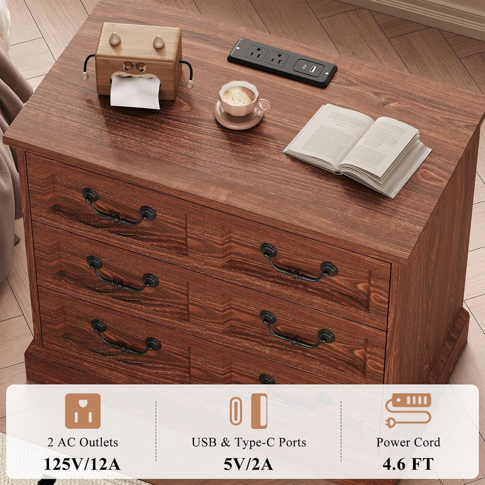 VVFLU 27.6" Wide Farmhouse Nightstand with Charging Station, 3 Drawer Ni...