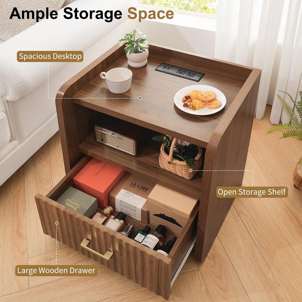 Night Stand with Charger Station - Modern Wood Nightstand with Drawer Storage...
