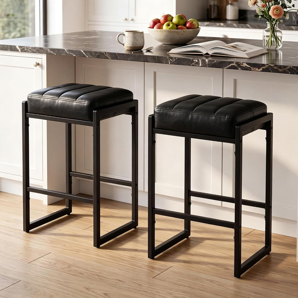 LSSBOUGHT 26 Inch Backless Bar Stools Set of 2, Modern Faux Leather Counter S...