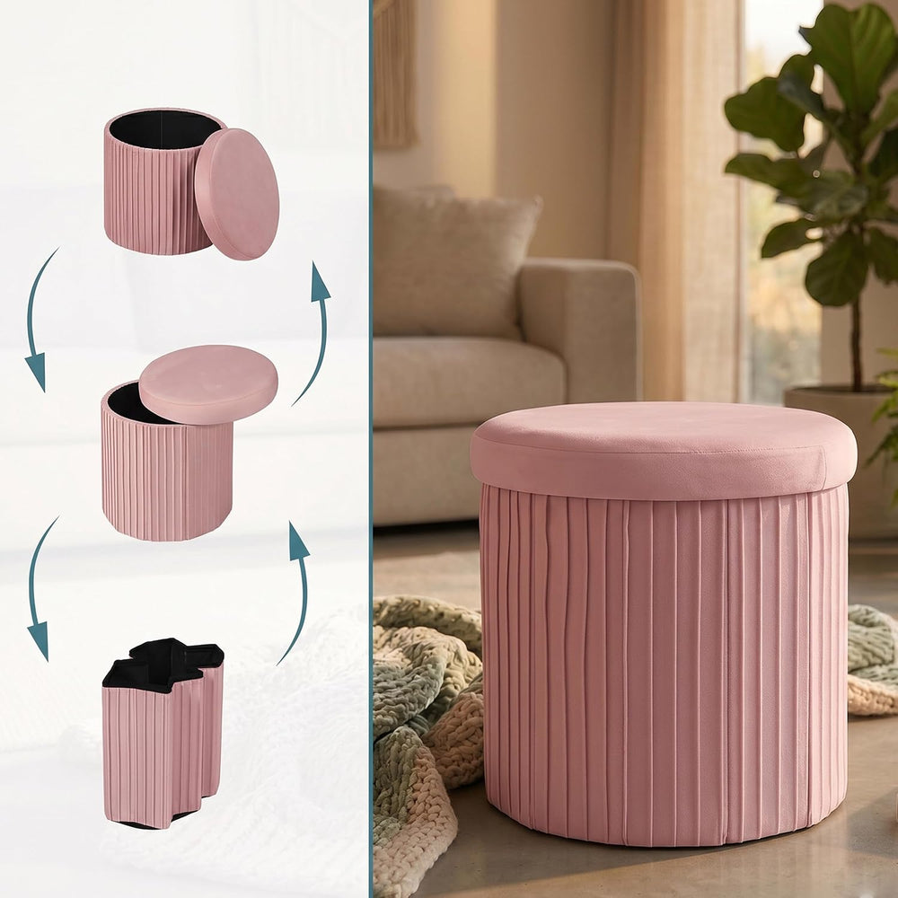 Relaxdays Velvet Stool with Storage Space Padded Foldable H 38 x D 38 cm Roun...