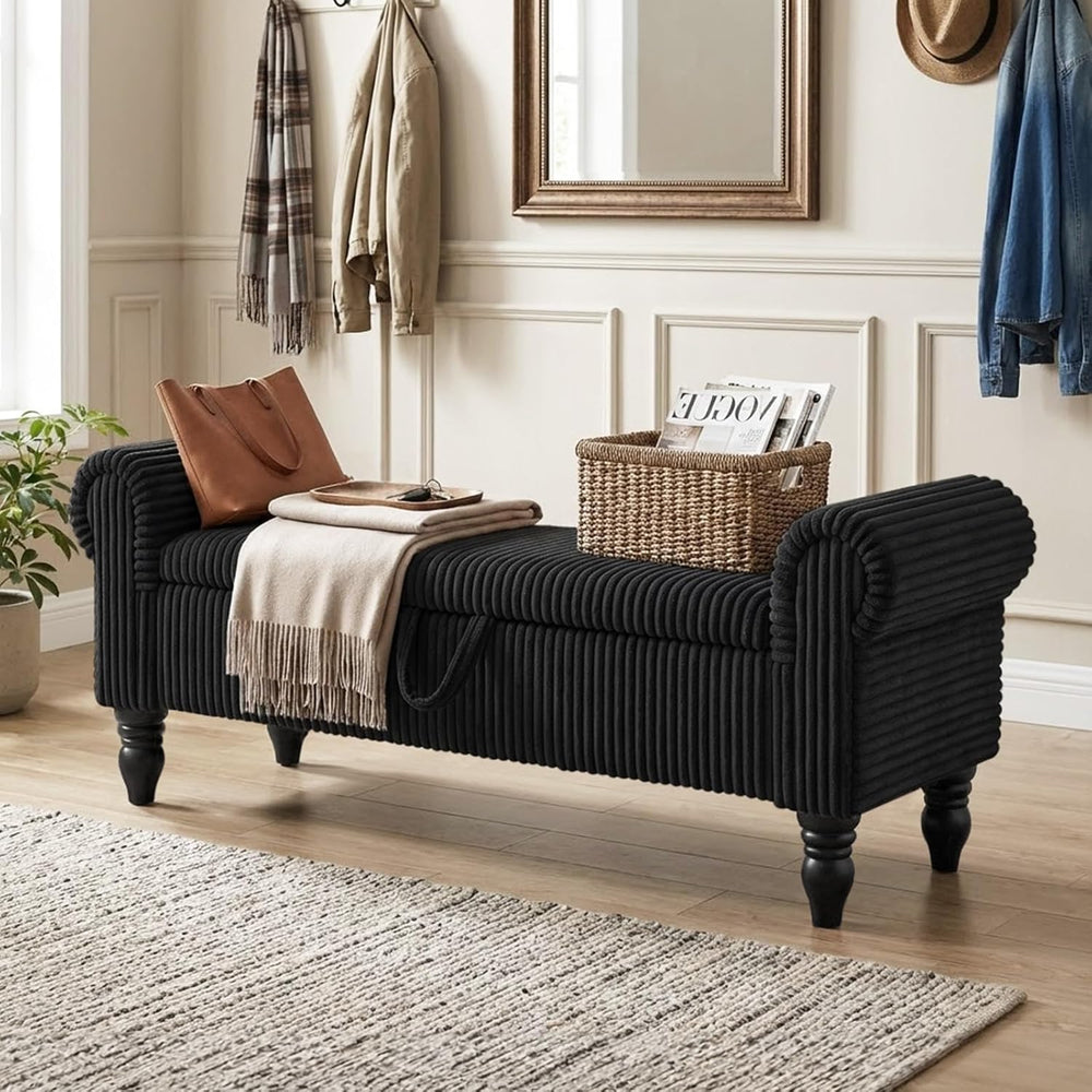 55" Storage Ottoman Bench, Corduroy End of Bed Bench for Bedroom, Black ...