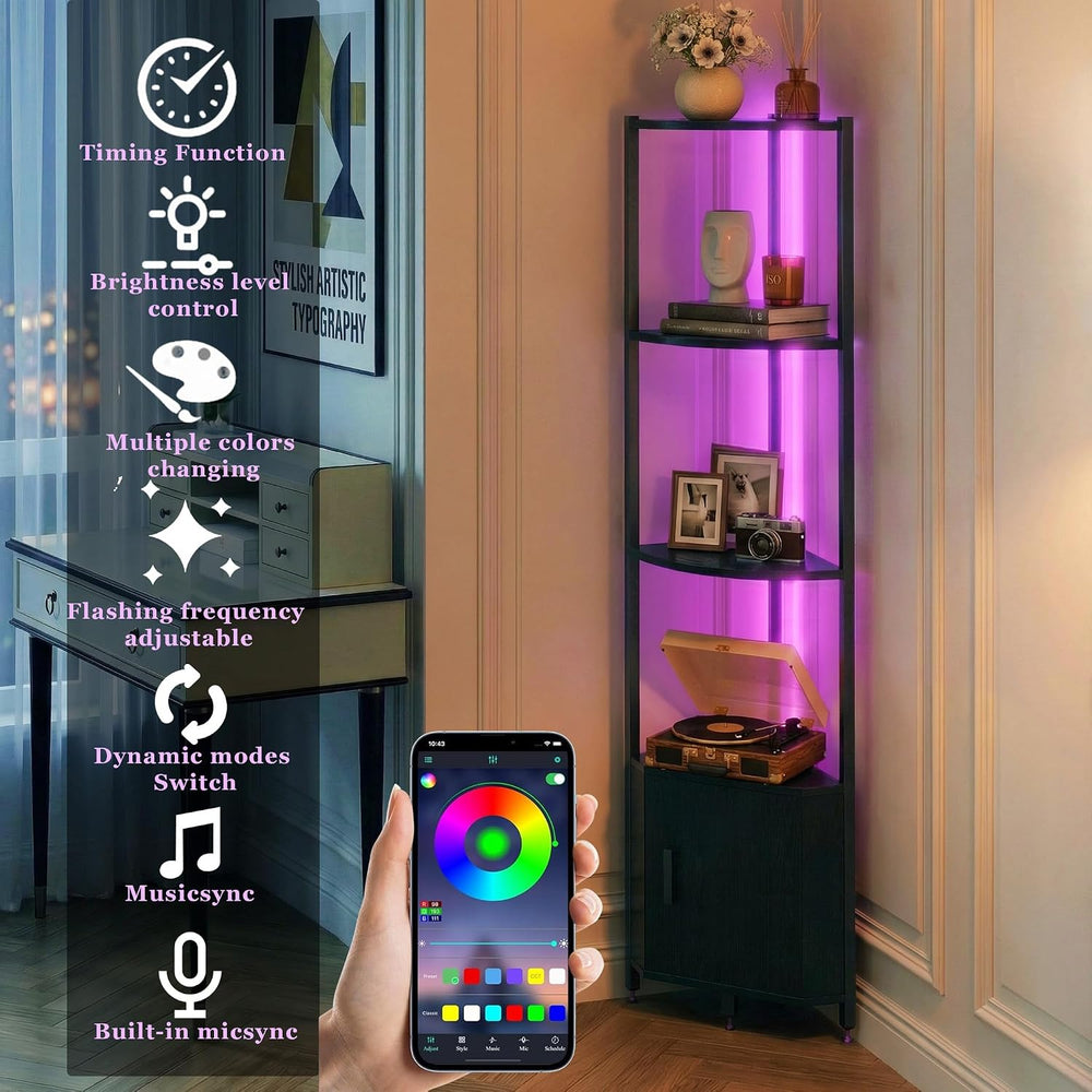 Corner Shelf with Storage, LED Lights 6-Tier Corner Bookshelf, 66'' O...