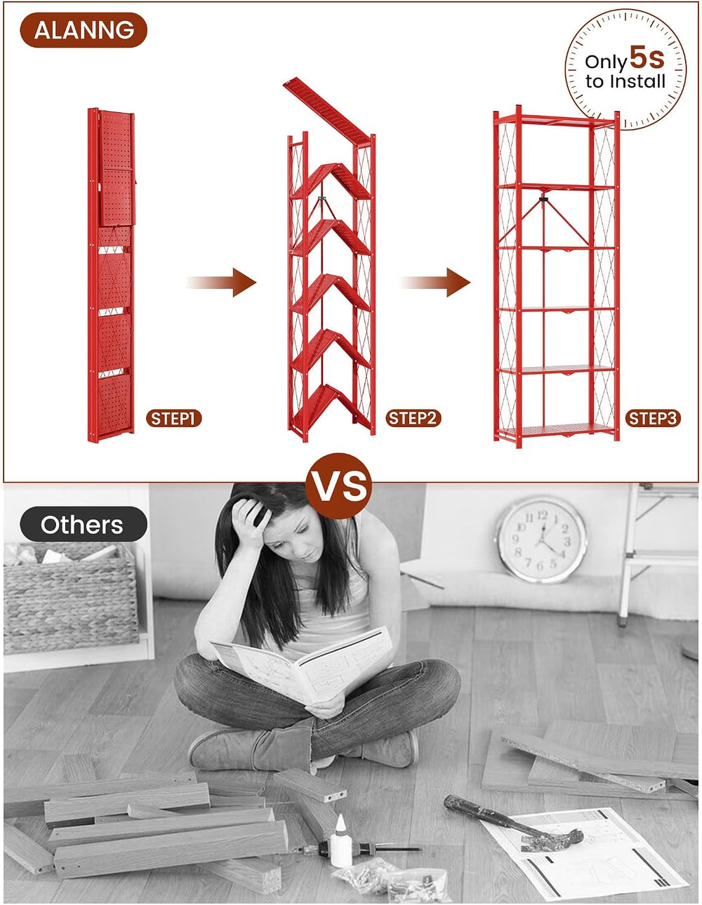 ALANNG 73.6 Inch Folding Bookshelf, 6 Tier Metal Bookcase and Bookshelves