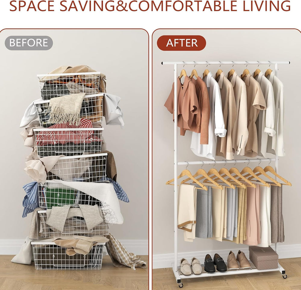 Sywhitta Double Rod Metal Clothing Rack on Wheels with Bottom Mesh,White