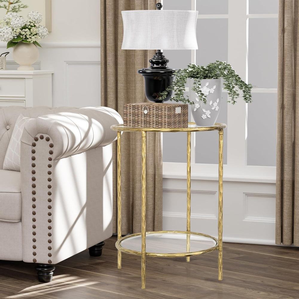 BEGINS Hand Forged Side Table 2 Tier, Vintage End Table Glass Top Coffee Tabl...
