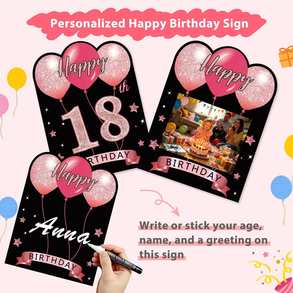 18 Pcs Happy Birthday Yard Sign with Stakes, Pink Happy Birthday Yard Sign wi...