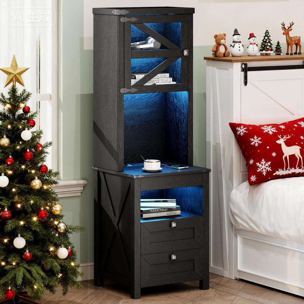 Farmhouse Tall Night Stand with Charger Station, Bedside Table with Shelves, ...